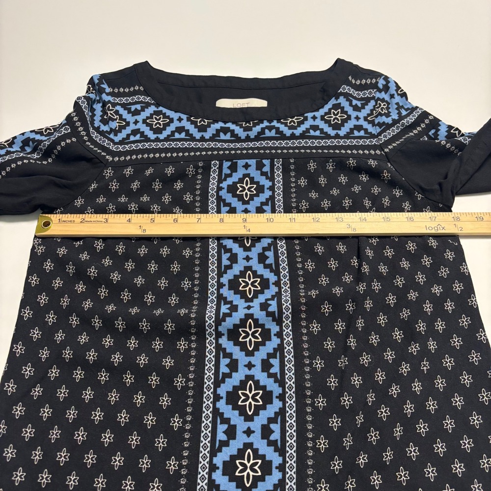 Loft Womens Medium Blue Black Geometric Floral 3/4 Bell Sleeve Boho Shift Dress - Picture 8 of 11